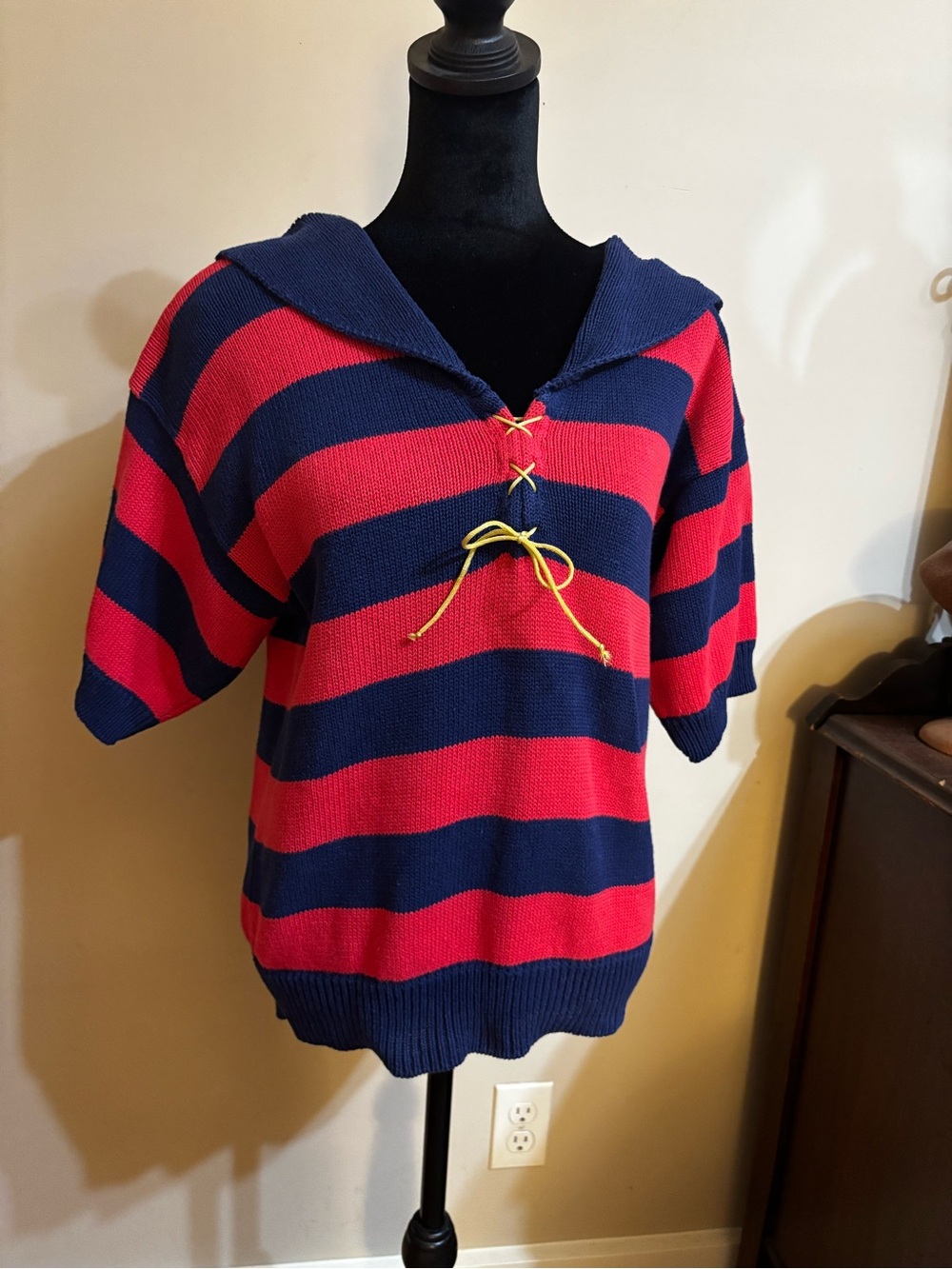 Navy & Red Striped Sailor Sweater with Gold Tie Front